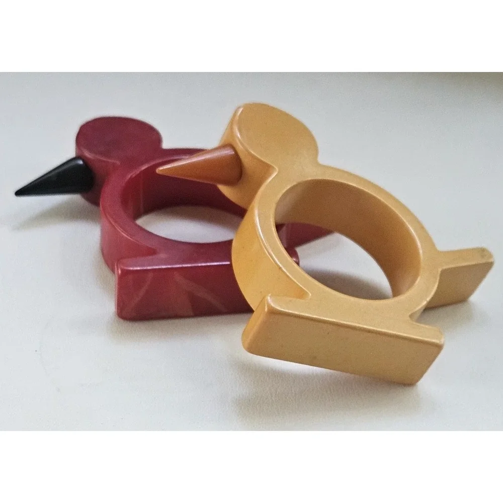 Set Of 2 Vintage Butterscotch & Red Bird Bakelite Napkin Rings